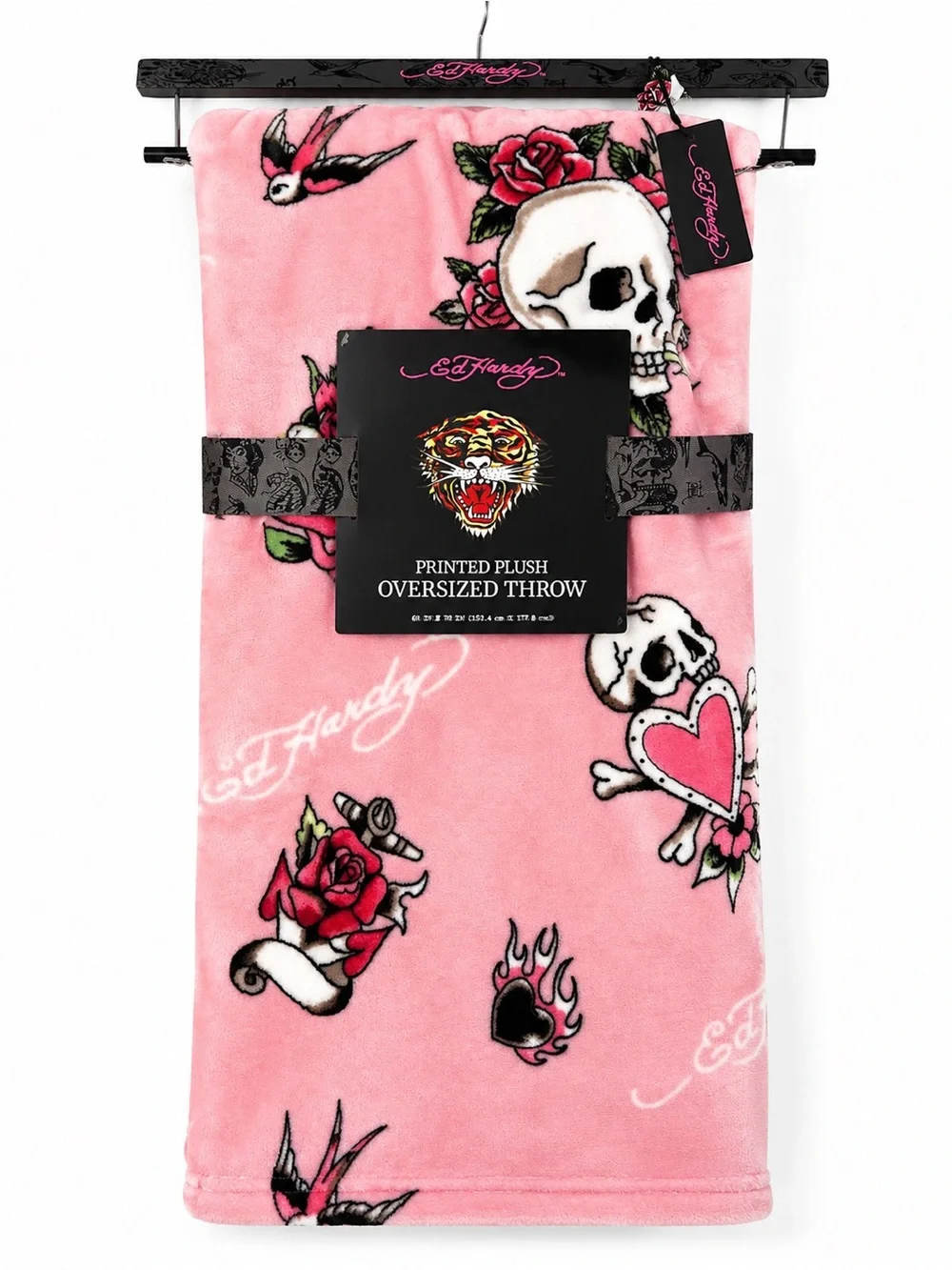 Ed Hardy Pink Oversized Plush Throw Blanket Skull Rose Tattoo Print 60x70 NWT